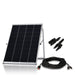 A 100W Nature's Generator monocrystalline solar panel on a metal stand is shown with a coiled black cable and two pairs of connectors on a white background—ideal as a portable solar panel for Nature's Generator Power Panel systems.