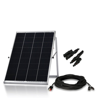 A Nature's Generator Power Panel, a 100W monocrystalline solar panel on a metal stand, is shown with a long black cable and connectors beside it against a white background. Brand: Nature's Generator.