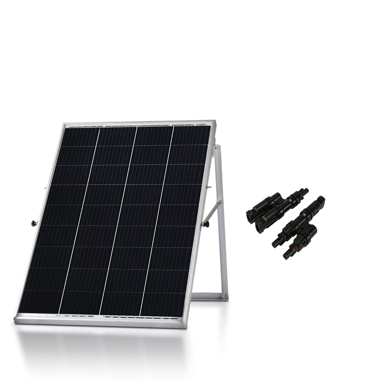 A Nature's Generator 100W Monocrystalline solar panel with a metal stand is angled on a white background, with three pairs of black electrical connectors placed neatly to its right.