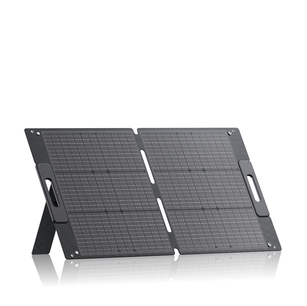 A portable, foldable solar panel with two dark rectangular sections constructed from high-efficiency monocrystalline solar cells, each featuring a handle and stand for support, set against a plain white background—ideal for those seeking the convenience and performance of the Bluetti SP100L portable solar panel.
