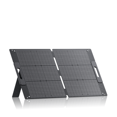 A portable, foldable solar panel with two dark rectangular sections constructed from high-efficiency monocrystalline solar cells, each featuring a handle and stand for support, set against a plain white background—ideal for those seeking the convenience and performance of the Bluetti SP100L portable solar panel.