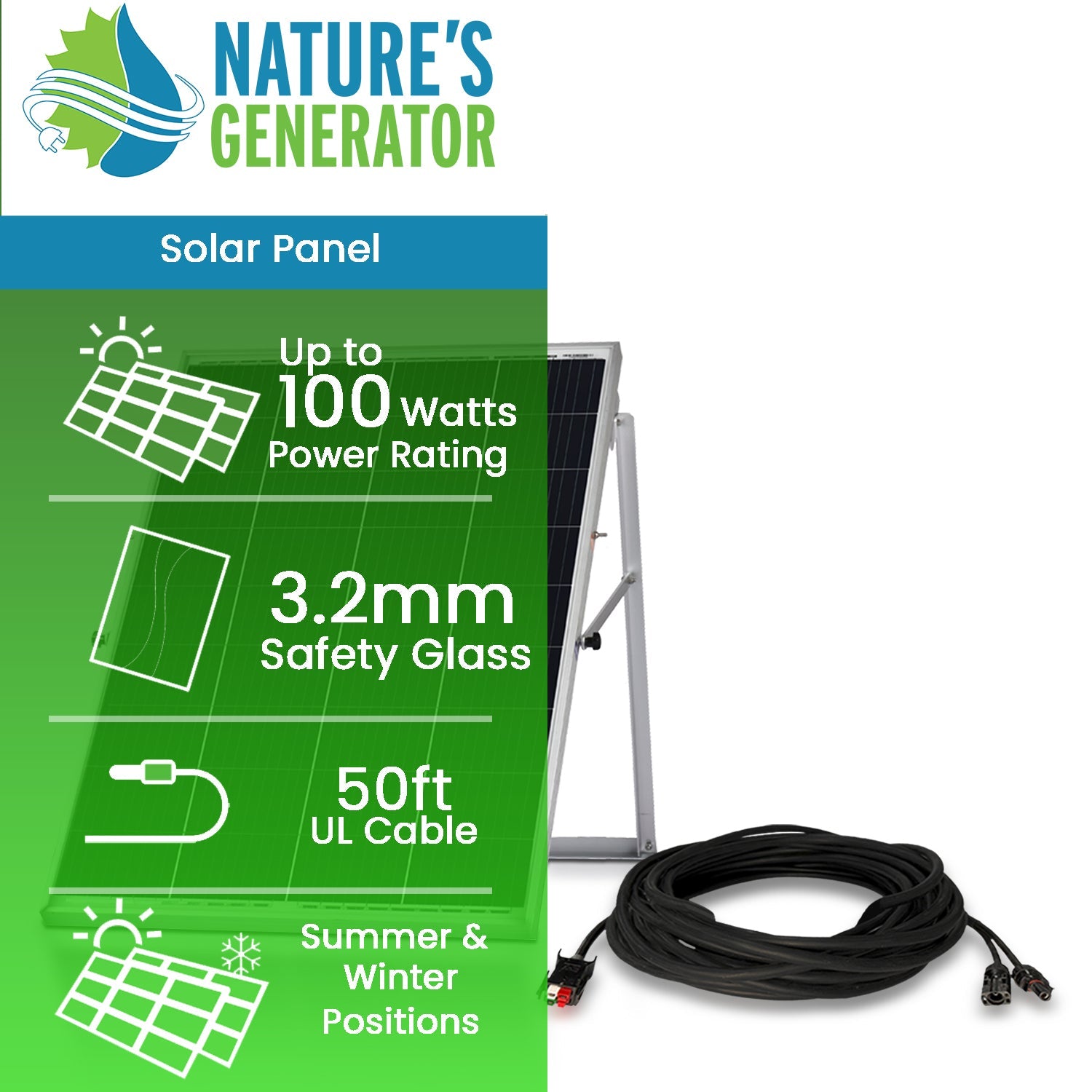 The Nature's Generator Power Panel kit features a 100W monocrystalline solar panel with 3.2mm safety glass, stand for summer/winter positions, 50ft UL cable, and coiled cable in front—perfect for efficient solar power collection.