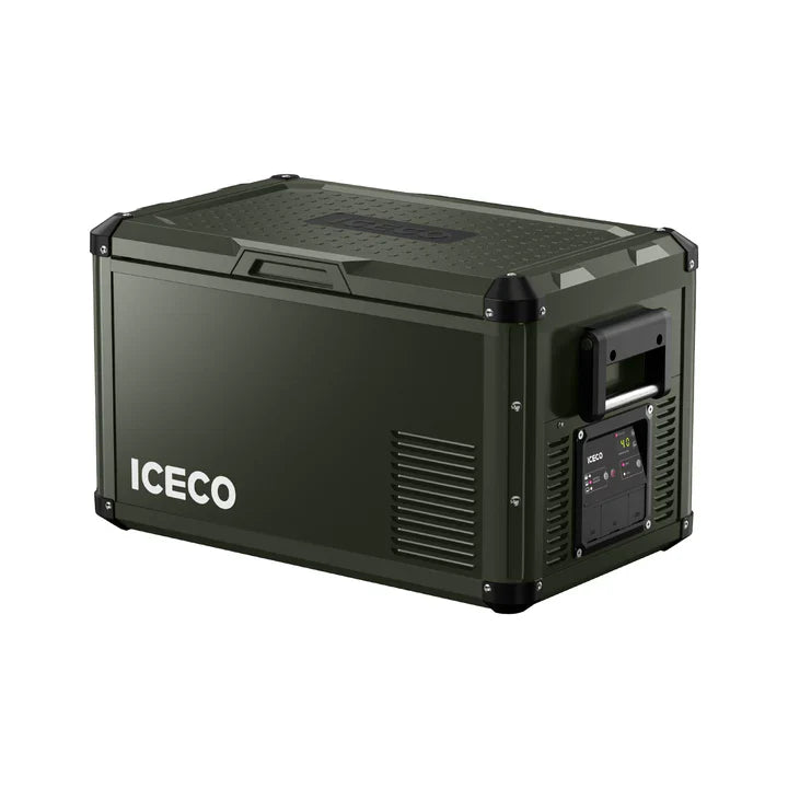 The green ICECO Wholesale portable refrigerator boasts a durable construction with a black handle and control panel on the side. Its sleek, rectangular design includes ventilated sections, a flexible side-opening lid, and the brand name "ICECO Wholesale" elegantly printed in white.