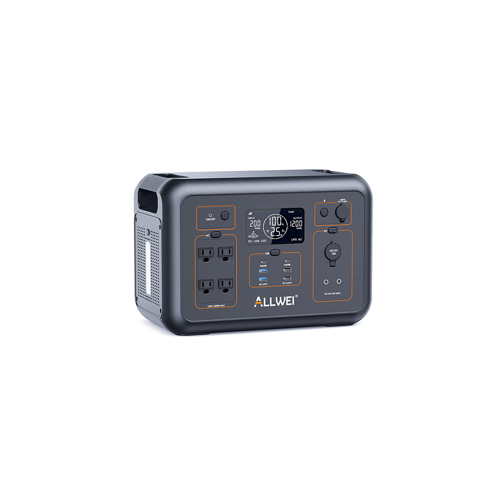 The ALLWEI US 1008Wh LFP portable power station features a built-in UPS, four AC outlets, four USB ports, a display screen, and a DC input, all shown against a plain white background.