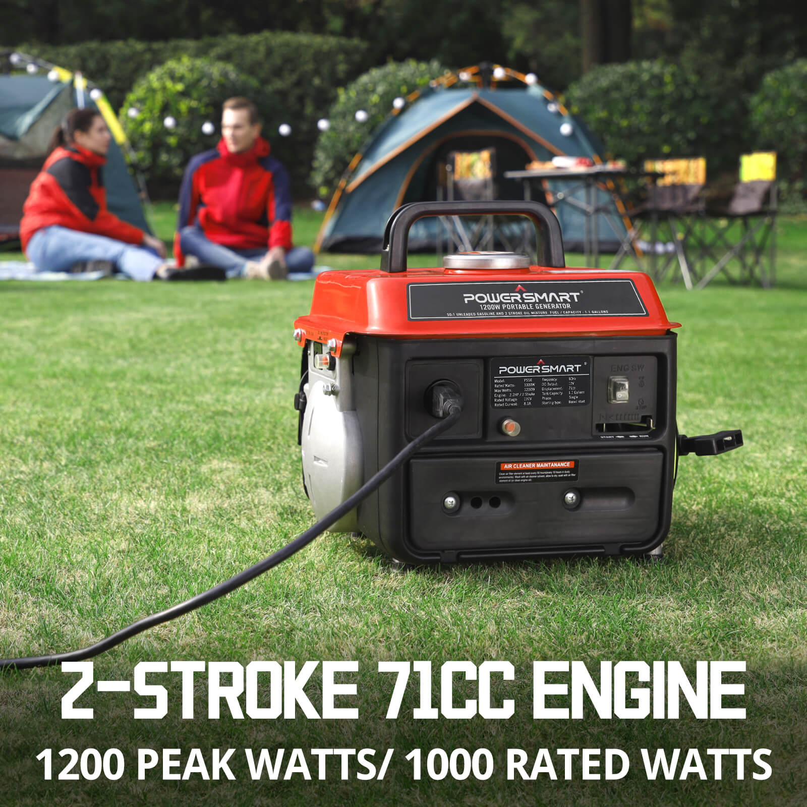 A PowerSmart portable generator with a 2-stroke 71cc engine (1200 peak/1000 rated watts) supplies camping power on the grass. A cable is plugged in, with two tents and two people talking in the background.