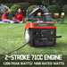 A PowerSmart portable generator with a 2-stroke 71cc engine (1200 peak/1000 rated watts) supplies camping power on the grass. A cable is plugged in, with two tents and two people talking in the background.