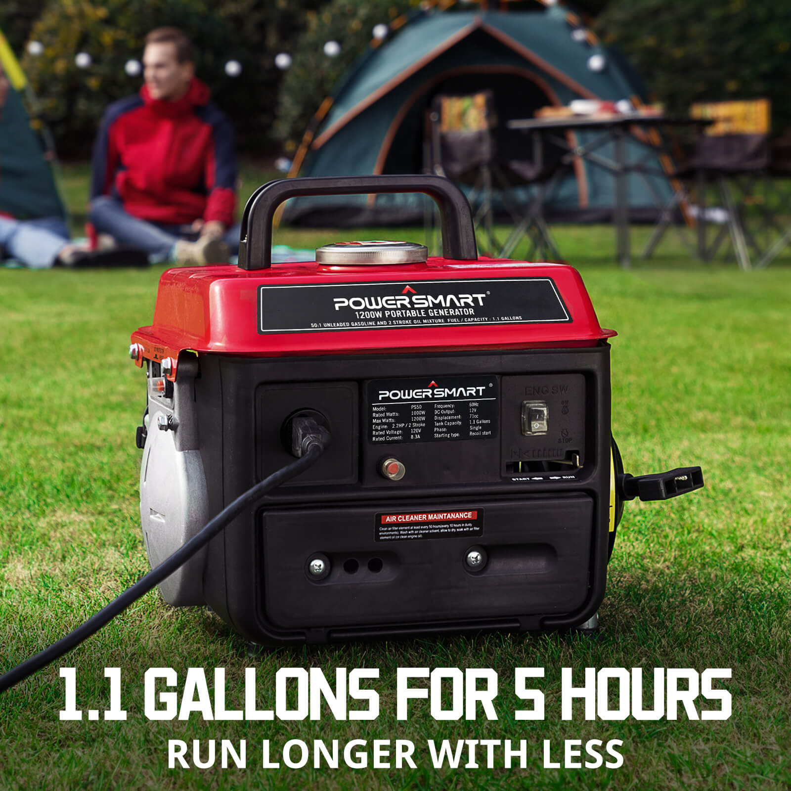 A red and black PowerSmart portable generator sits on grass, powering a campsite. Two people relax by a tent in the background. Text reads: "1.1 gallons for 5 hours. Run longer with less.