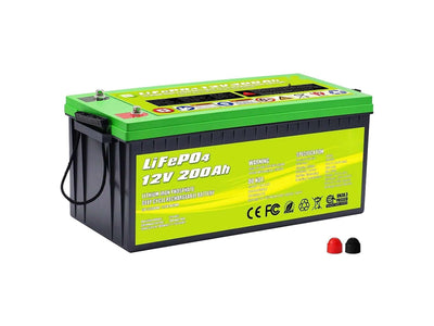 The ACOPOWER deep cycle lithium battery boasts a green and black design, featuring 12V 200Ah LiFePO4 specifications. It comes with warning labels and usage information, along with two terminal caps in red and black, conveniently located in the bottom right corner for easy access and safe operation.