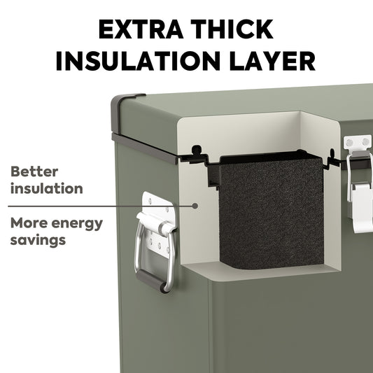 The image displays a cross-section of a green portable fridge freezer from ICECO Wholesale, highlighting its extra-thick insulation layer. Text reads "Extra Thick Insulation Layer," accompanied by arrows labeled "Better insulation" and "More energy savings." Visible metal hinges and handle further emphasize its sturdy design.