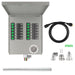 A Nature's Generator metal electrical panel with green-labeled breakers, transfer switch, attached cover, black power cable, flexible conduit, green tool, screws, clamp, and outlet cover—all displayed on a white background.