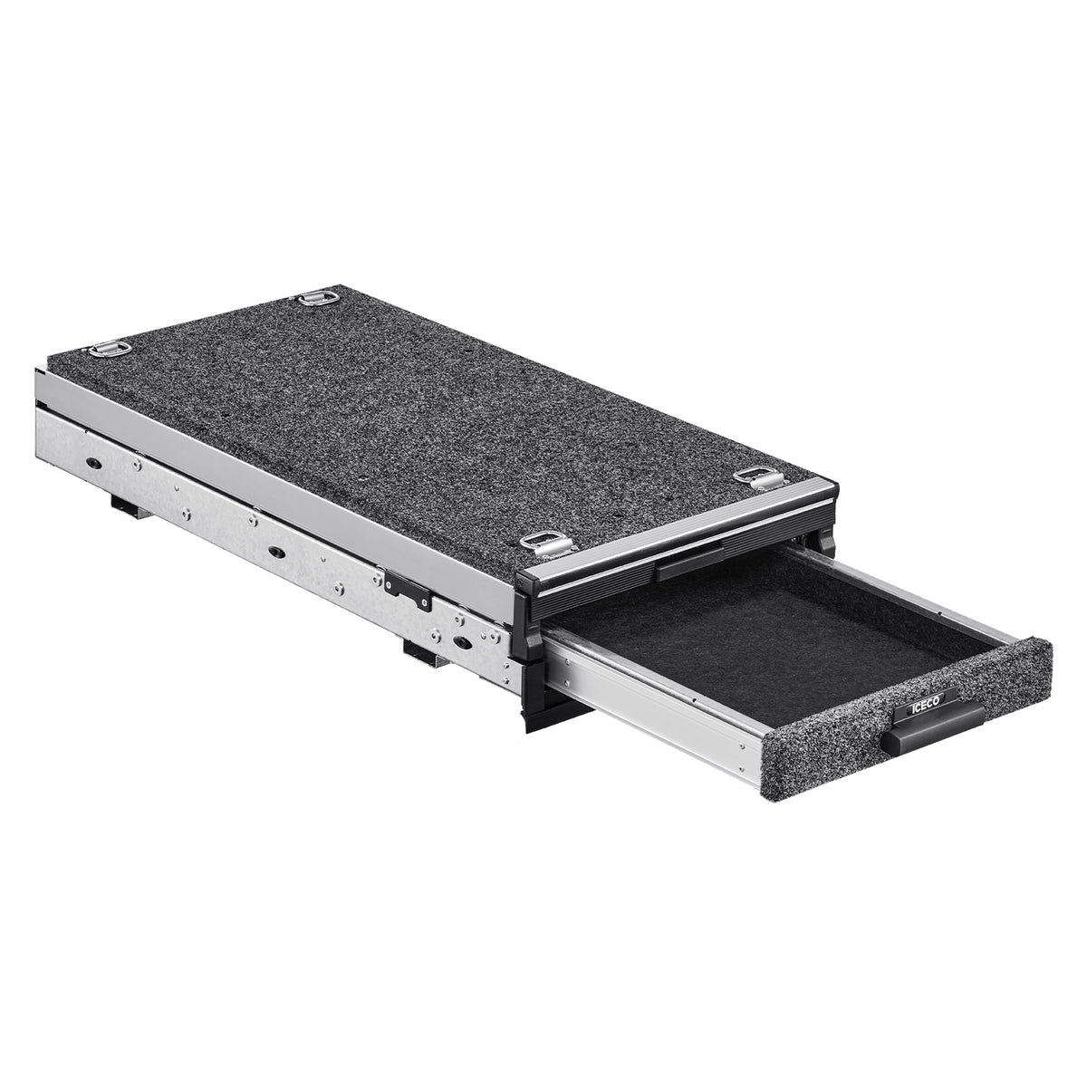 The ICECO Wholesale DS15 Roller Drawer System is a metal storage unit with an easy-access handle and a partially open roll-out drawer. Its top features textured gray carpet-like material, offering an efficient solution for organizing various items.