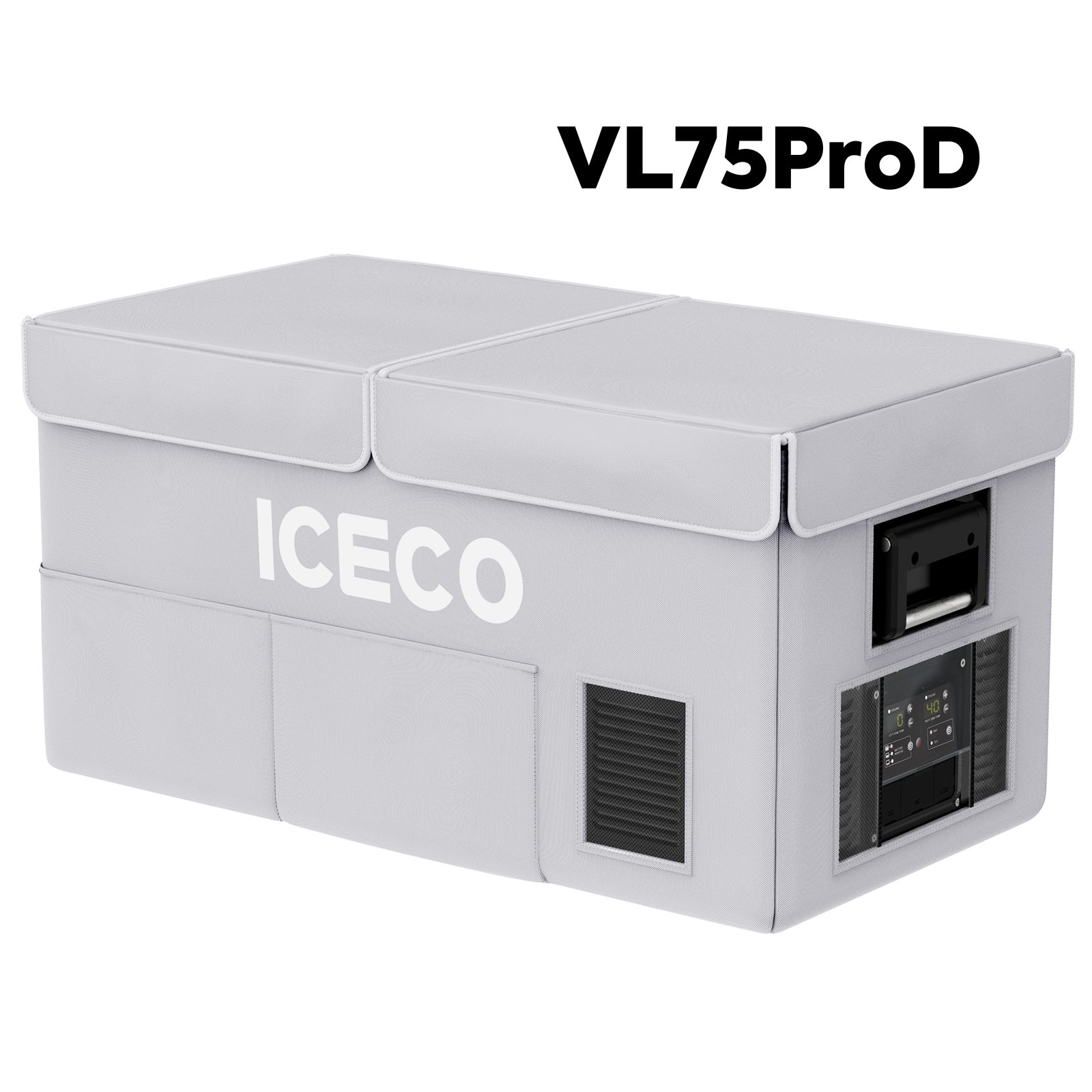 The image features a gray ICECO Wholesale VL75ProD portable refrigerator and freezer combo, equipped with dual lids and a control panel. The brand name is prominently displayed on the side, suggesting it is designed for outdoor or travel use.