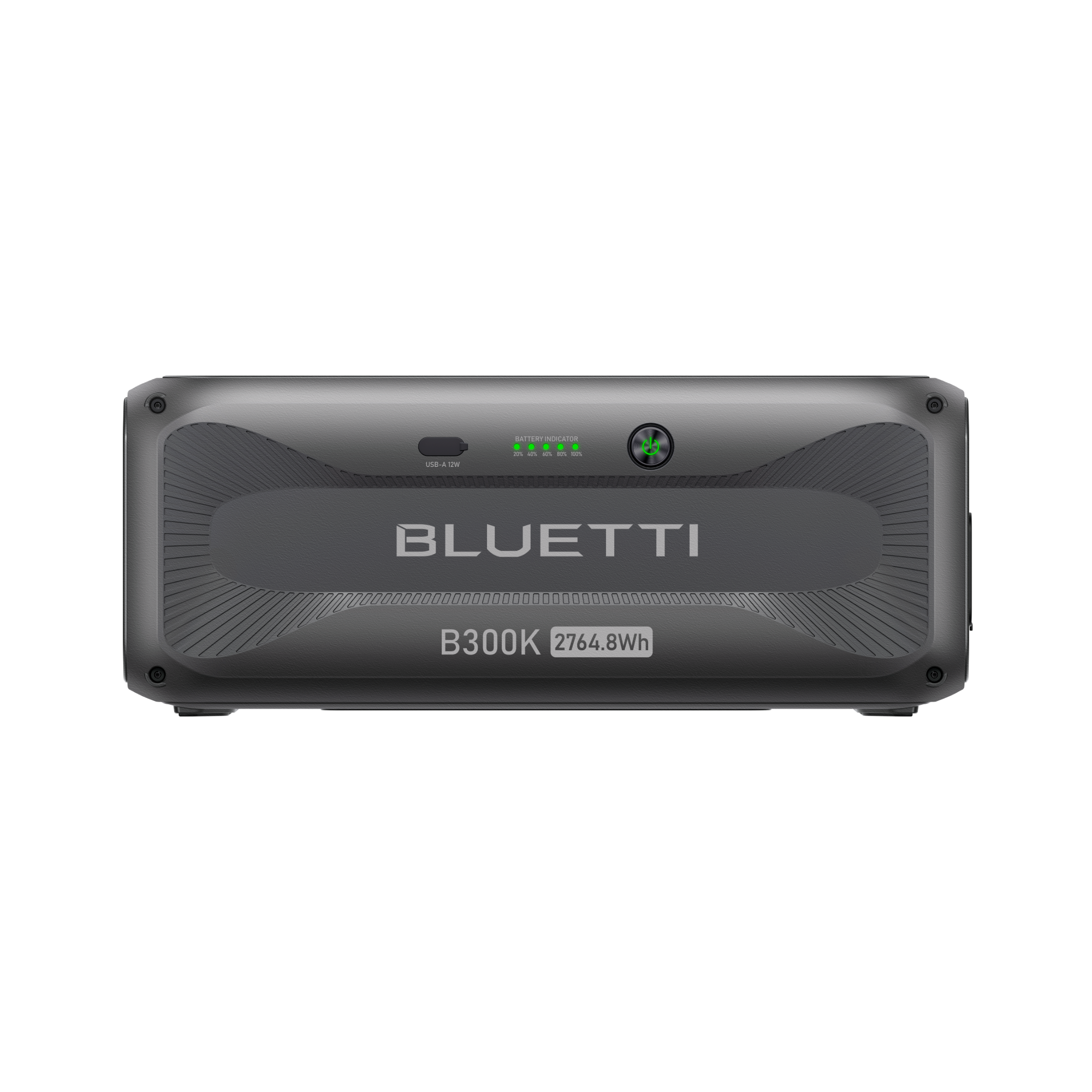 Front view of a Bluetti B300K portable power station from the Apex300 system, showing the brand name, model number, a circular port, LED indicator lights, and the battery capacity labeled as 2764.8Wh on a gray casing.