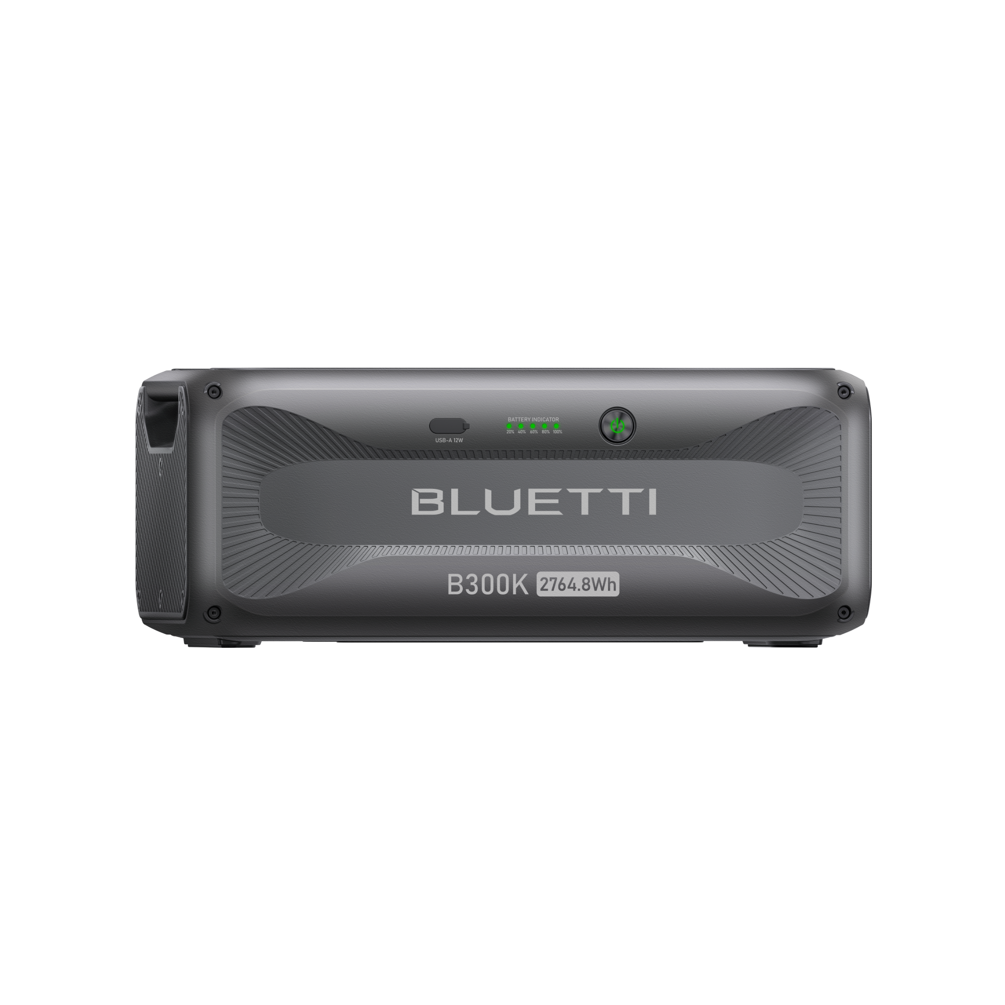 A front view of a BLUETTI B300K portable power station in gray, showing the brand name, model number, battery indicator lights, and a green power button. The device has a handle on the left side and functions as an ideal backup power system for your Apex300 or other compatible setups.