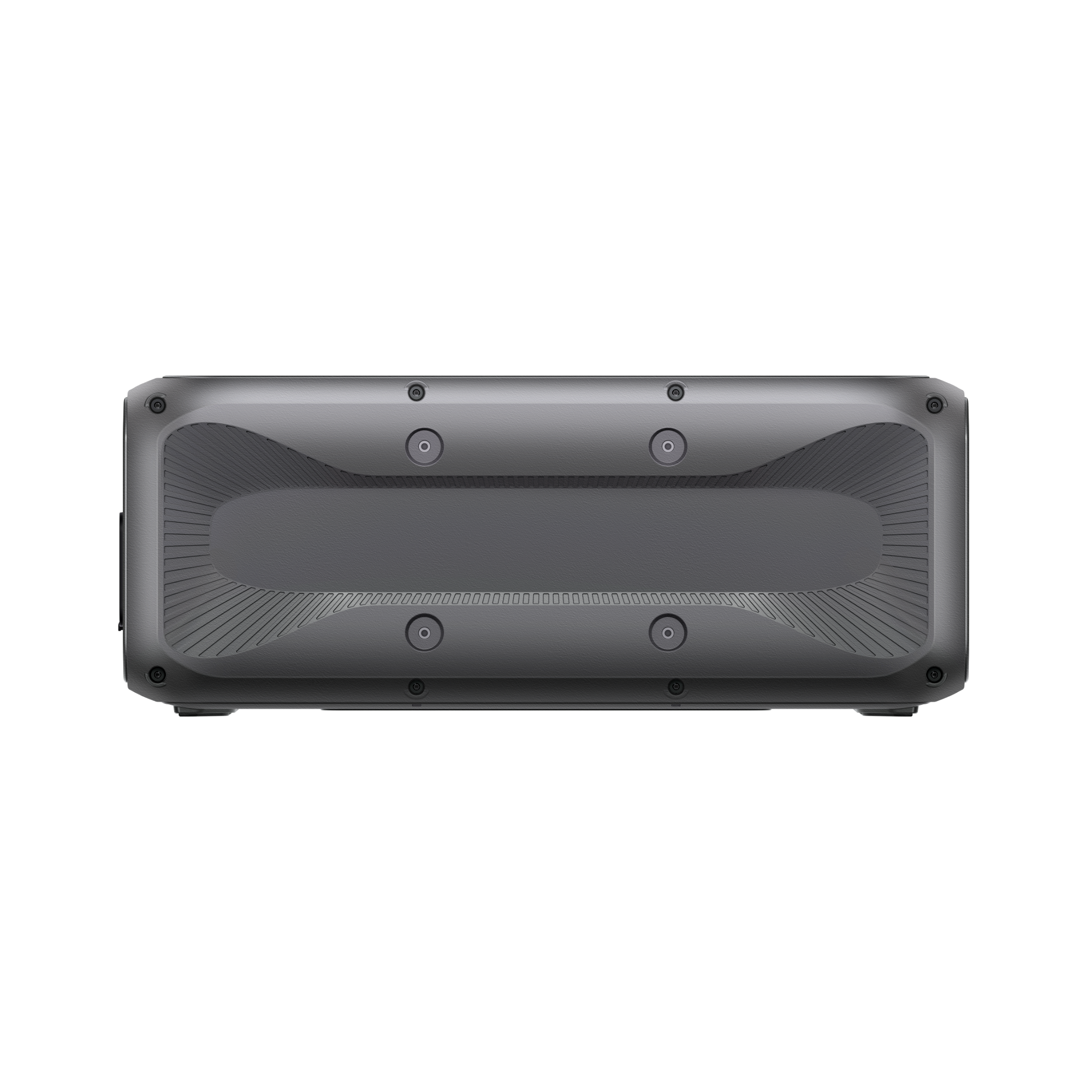 A top-down view of a rectangular, black wireless speaker with a mesh grille and visible screws on the outer edge, reminiscent of the sturdy design often seen in backup power systems like the BLUETTI B300K Expansion Battery, set against a plain white background.