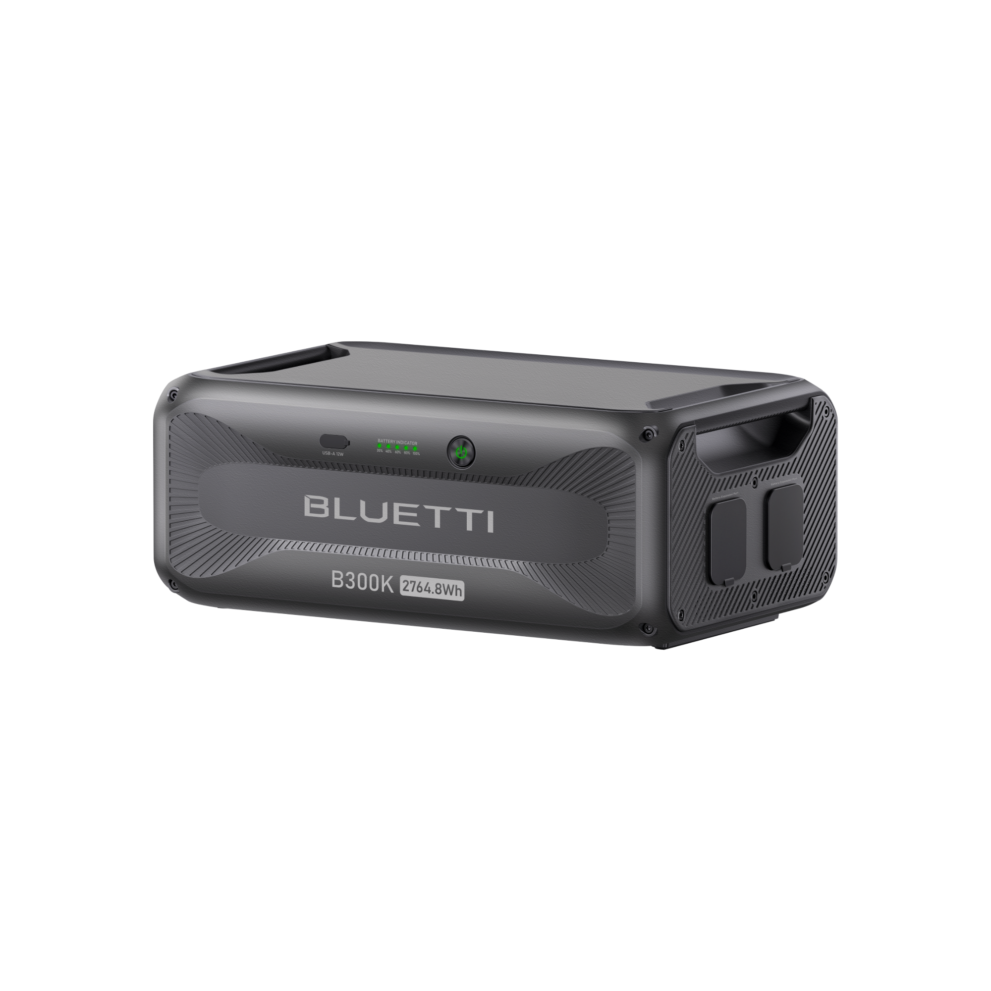A rectangular Bluetti B300K portable power station in black with a textured surface, handles on both sides, indicator lights, and multiple power input/output ports on the front—ideal for integrating with the Apex300 system or using as reliable home backup power.