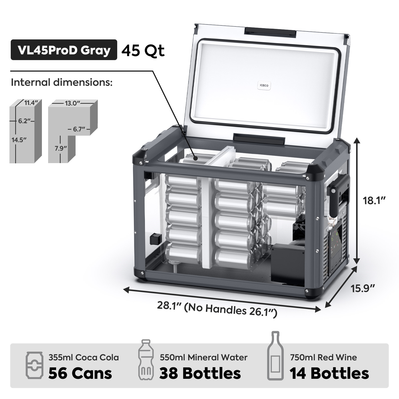 The ICECO Wholesale VL45ProD is a gray dual zone portable freezer with its lid open, displaying space for 56 cans, 38 water bottles, or 14 wine bottles. Includes external/internal measurements and runs on AC/DC power.