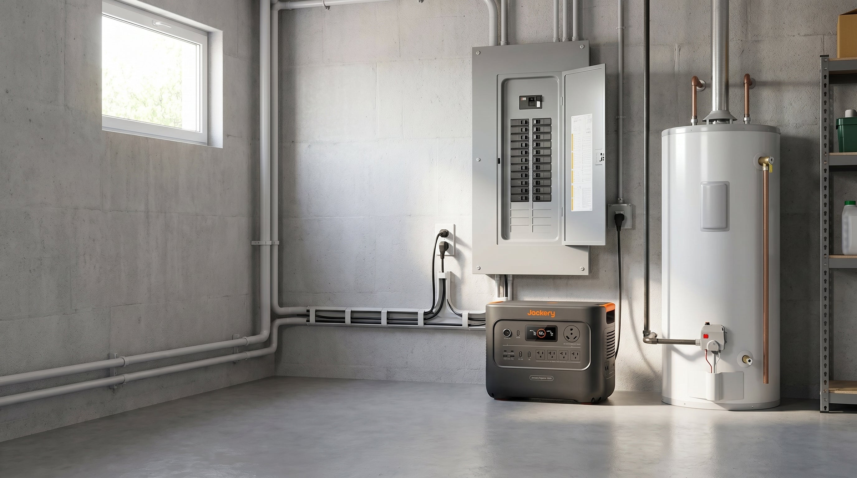 Jackery HomePower 3000 installed in a clean utility room beside the electrical panel for whole-home backup