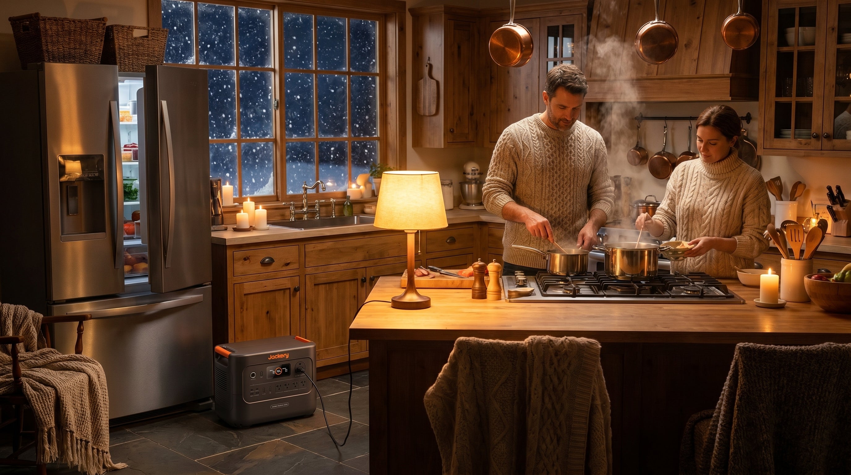 Jackery HomePower 3000 powering refrigerator and lamp in a family kitchen during a winter storm power outage