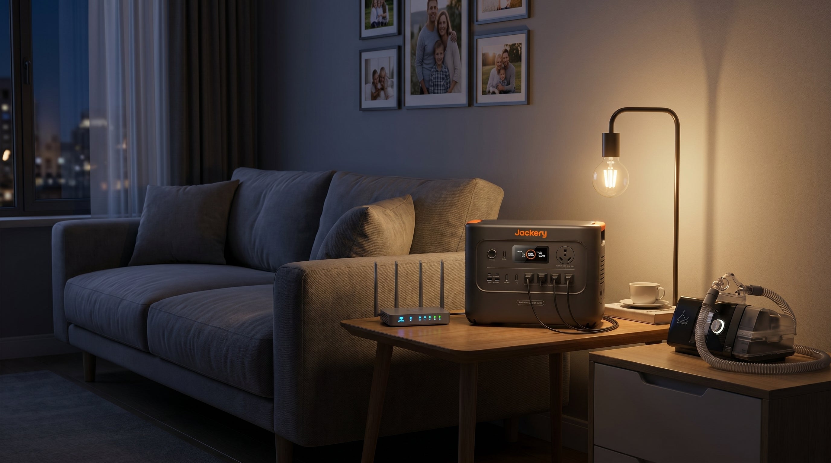 Jackery HomePower 3000 powering a Wi-Fi router, CPAP machine, and table lamp during a home power outage