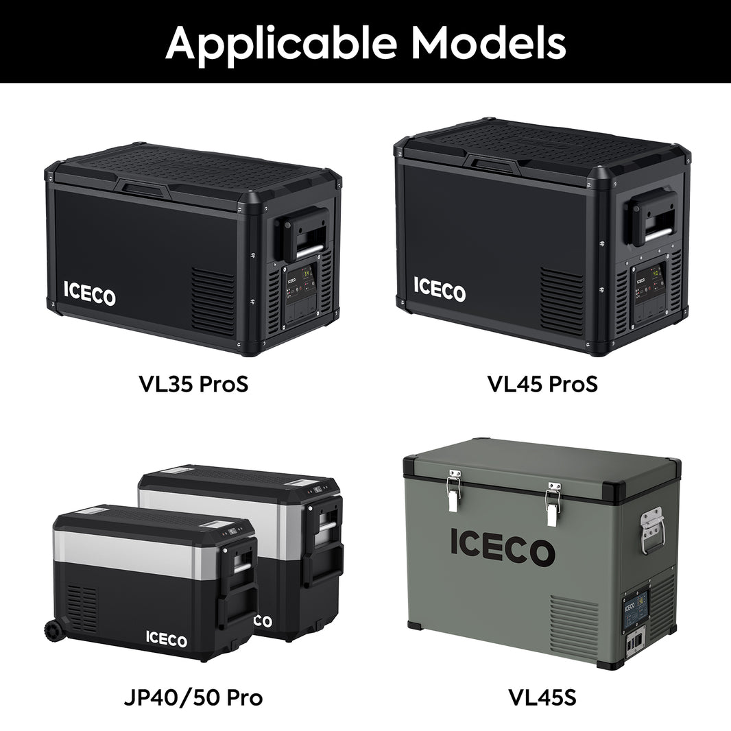 A promotional image displays five ICECO Wholesale portable refrigerators in black and green on steel rails, featuring models VL35 ProS, VL45 ProS, JP40/50 Pro, and VL45S. The title "Applicable Models" is prominently displayed at the top.