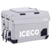 The ICECO Wholesale APL55 Portable Refrigerator, a gray and black unit, has a top-opening lid, side handles, and a small side pocket. Made from waterproof material, it features side ventilation to keep items cool during transport.