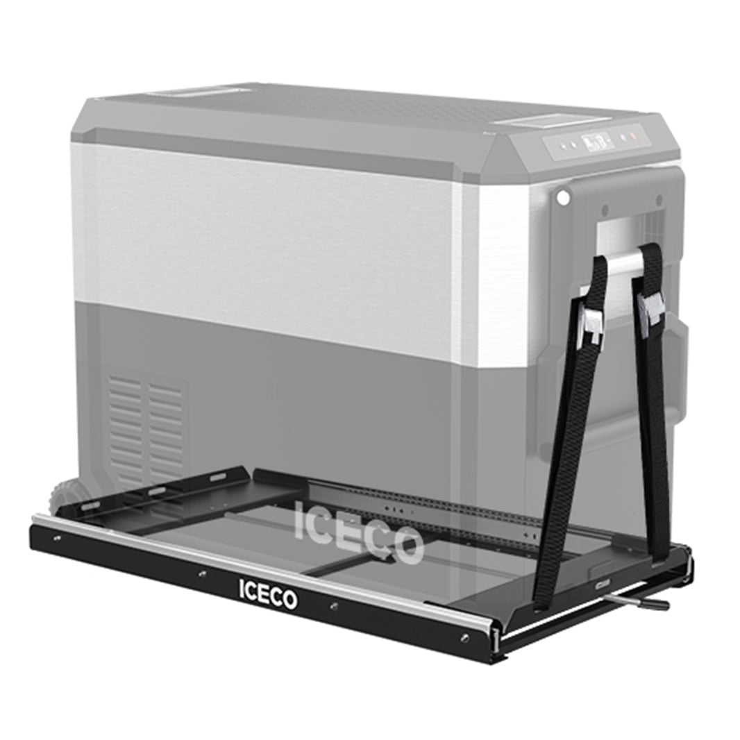 The ICECO Wholesale digital rendering showcases a portable fridge on a slide-out tray with heavy-duty steel rails, highlighting the support straps securing the refrigerator for easy access and storage.