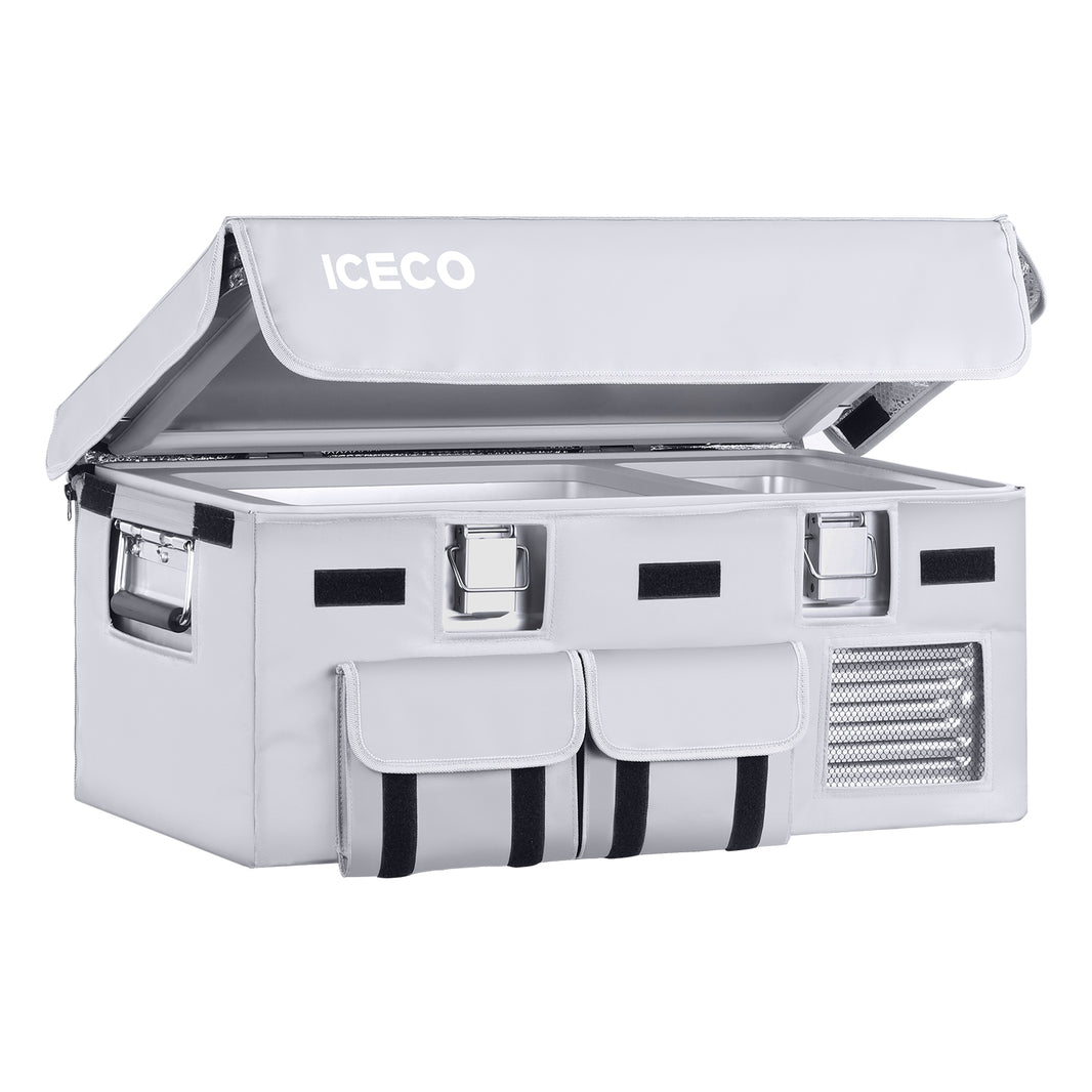 The ICECO Wholesale APL20 Portable Refrigerator is a light gray storage box with a partially open lid displaying the brand. It features three front latches, two pockets, and a right-side vent, designed for cooling and organization. It includes thermal protection and an insulated cover.