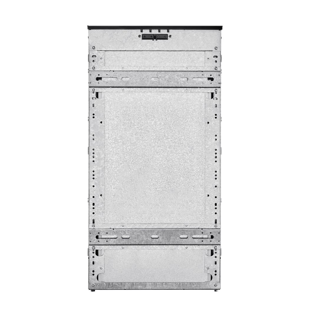 The ICECO Wholesale metallic refrigerator features an open cavity for housing units, made of durable galvanized sheet metal. Its unpainted exterior showcases structural details including screw holes and a top handle.