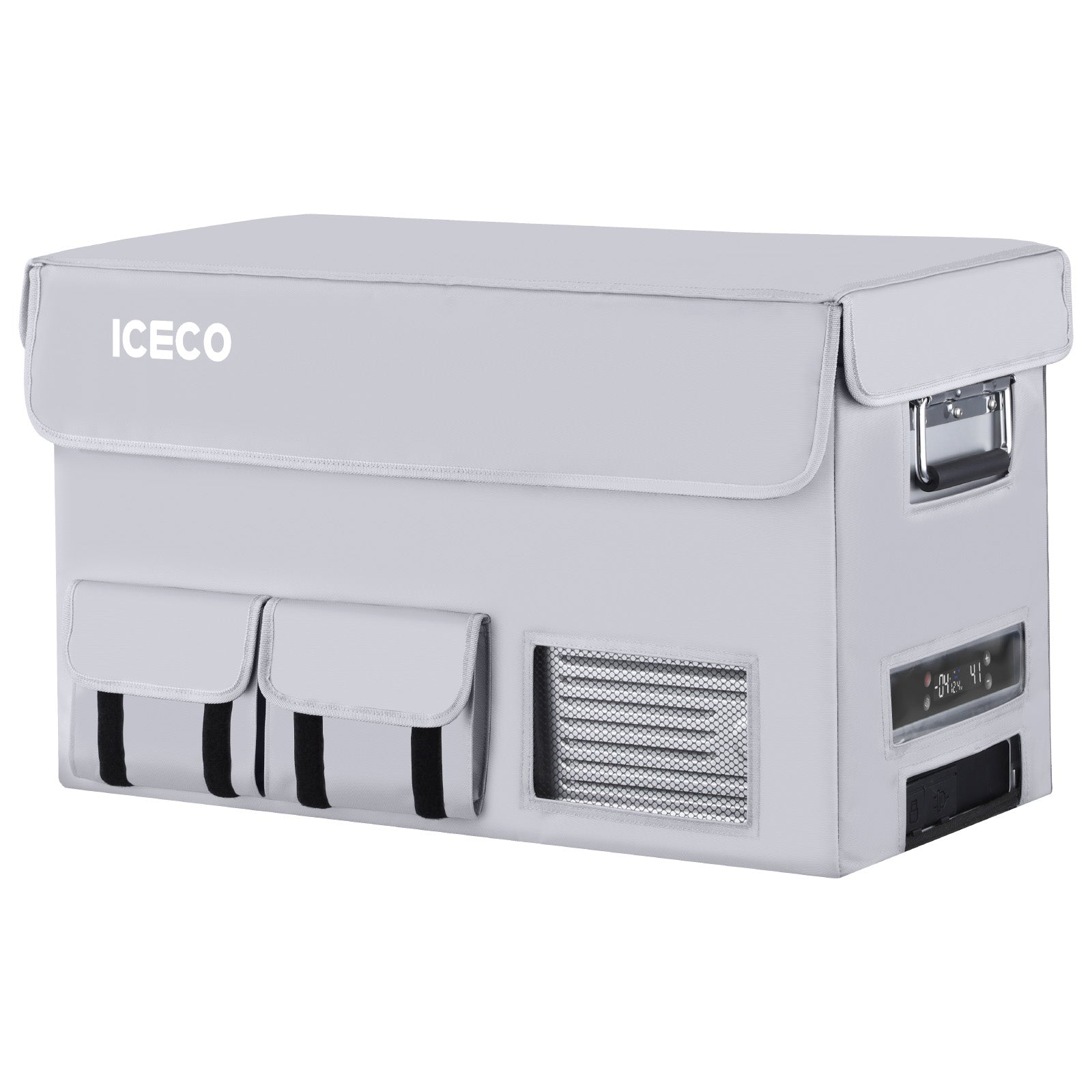 The ICECO APL35 Portable Refrigerator by ICECO Wholesale features a sleek gray, rectangular design with thermal protection, three small external pockets, a vent, and a digital control panel on the right side. A flat top and sturdy side handles enhance its functionality.