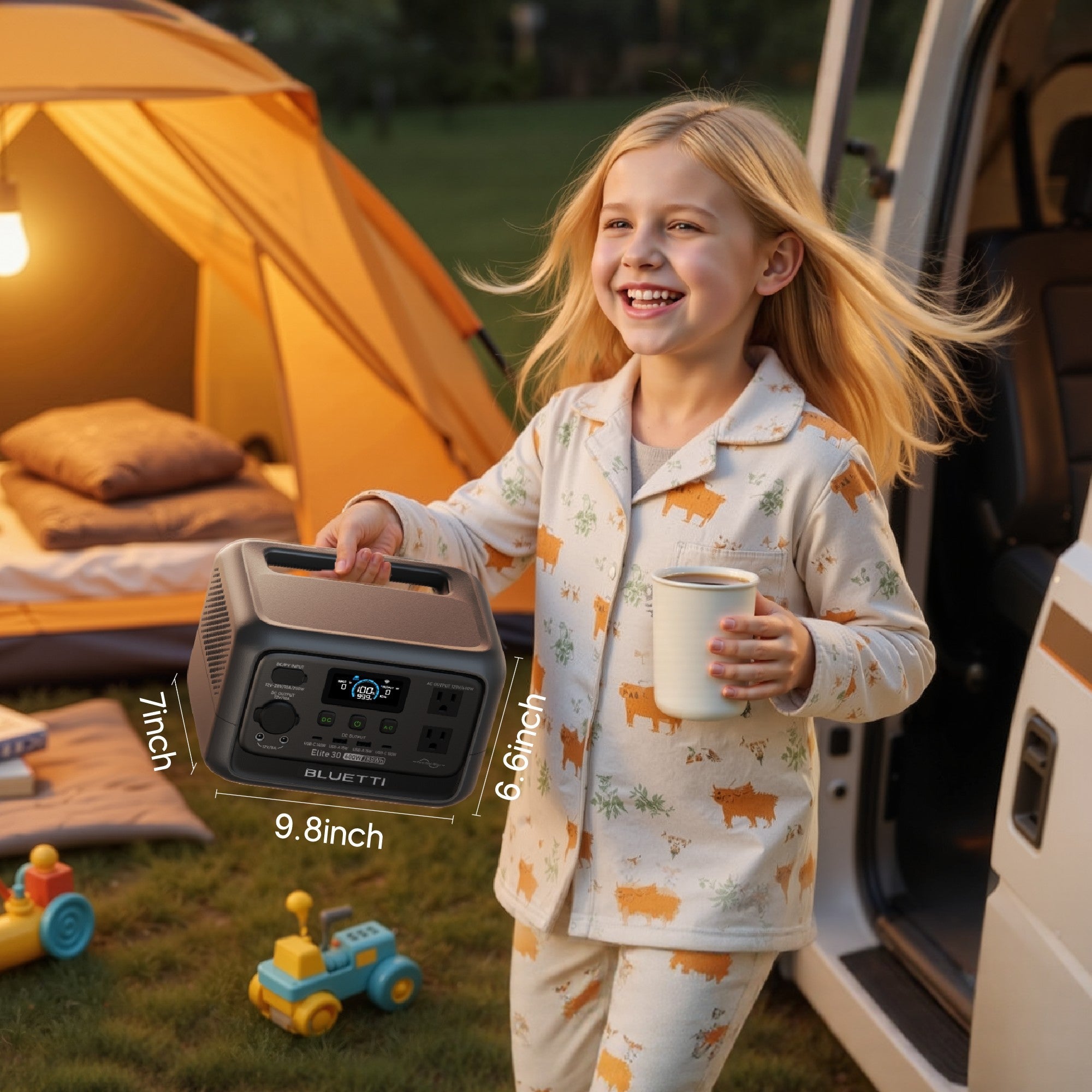 A smiling child in animal-print pajamas holds a mug and a Bluetti portable power station. A tent, van, and toys are visible outside, suggesting a camping scene. The power station’s size is labeled: 7 x 9.8 x 6.6 inches.