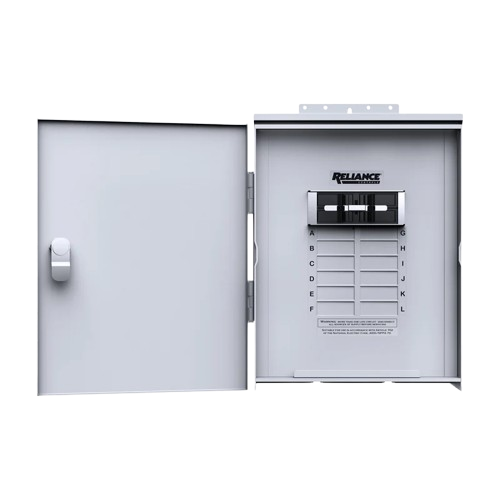 A gray metal breaker box with an open door, featuring labeled slots from A to L and a small Bluetti brand switch panel at the top inside.
