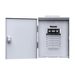 A gray metal breaker box with an open door, featuring labeled slots from A to L and a small Bluetti brand switch panel at the top inside.