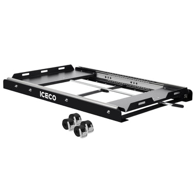 The image showcases an ICECO Wholesale sliding tray in black, made with heavy-duty steel rails and a metal frame for durability. Designed with two sets of black wheels for easy mobility, it is perfect for mounting slide applications or supporting a portable fridge.