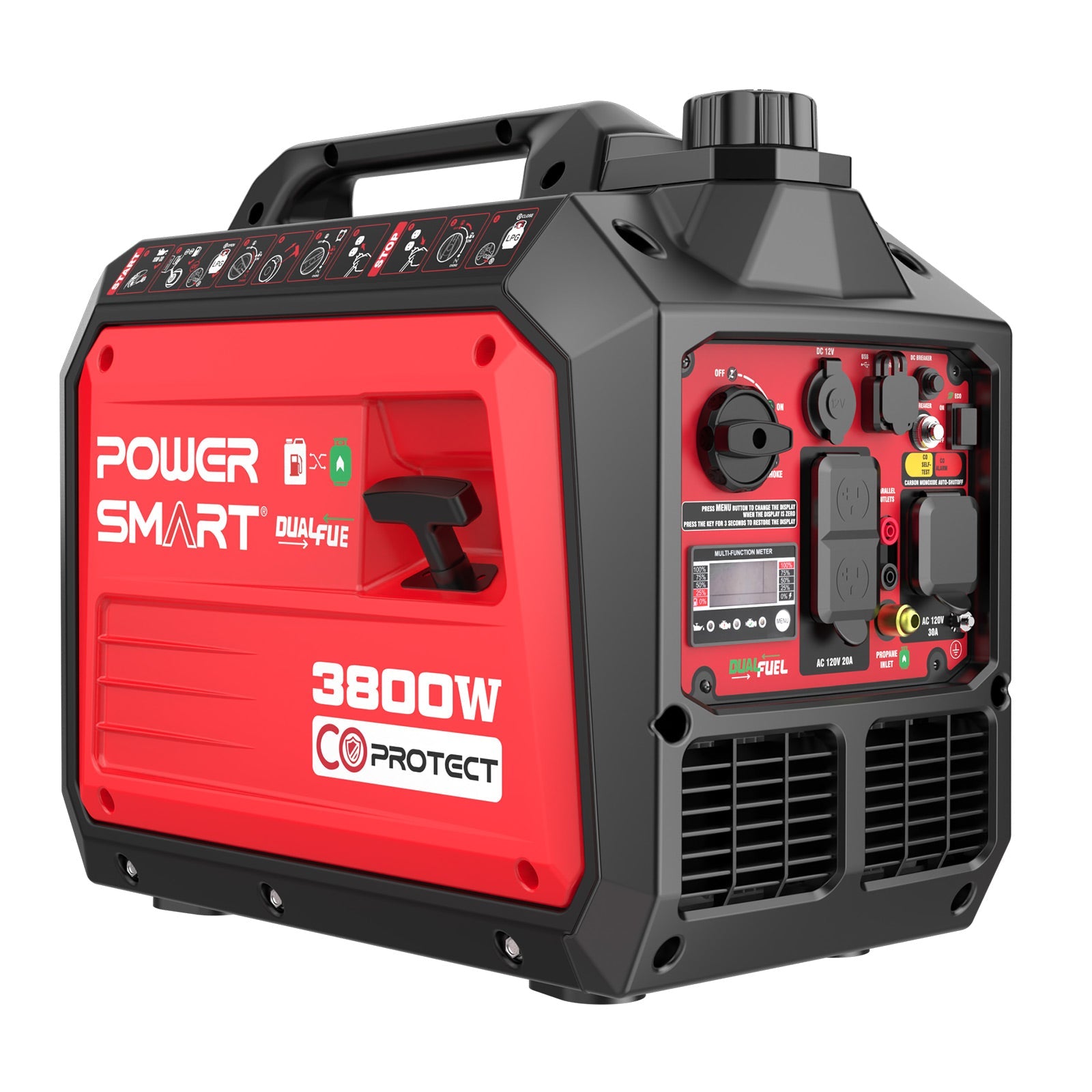 A red and black PowerSmart 3800W dual fuel inverter generator features control dials, outlets, a top handle, and various indicator lights on its front panel.