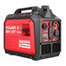 A red and black PowerSmart 3800W dual fuel inverter generator features control dials, outlets, a top handle, and various indicator lights on its front panel.