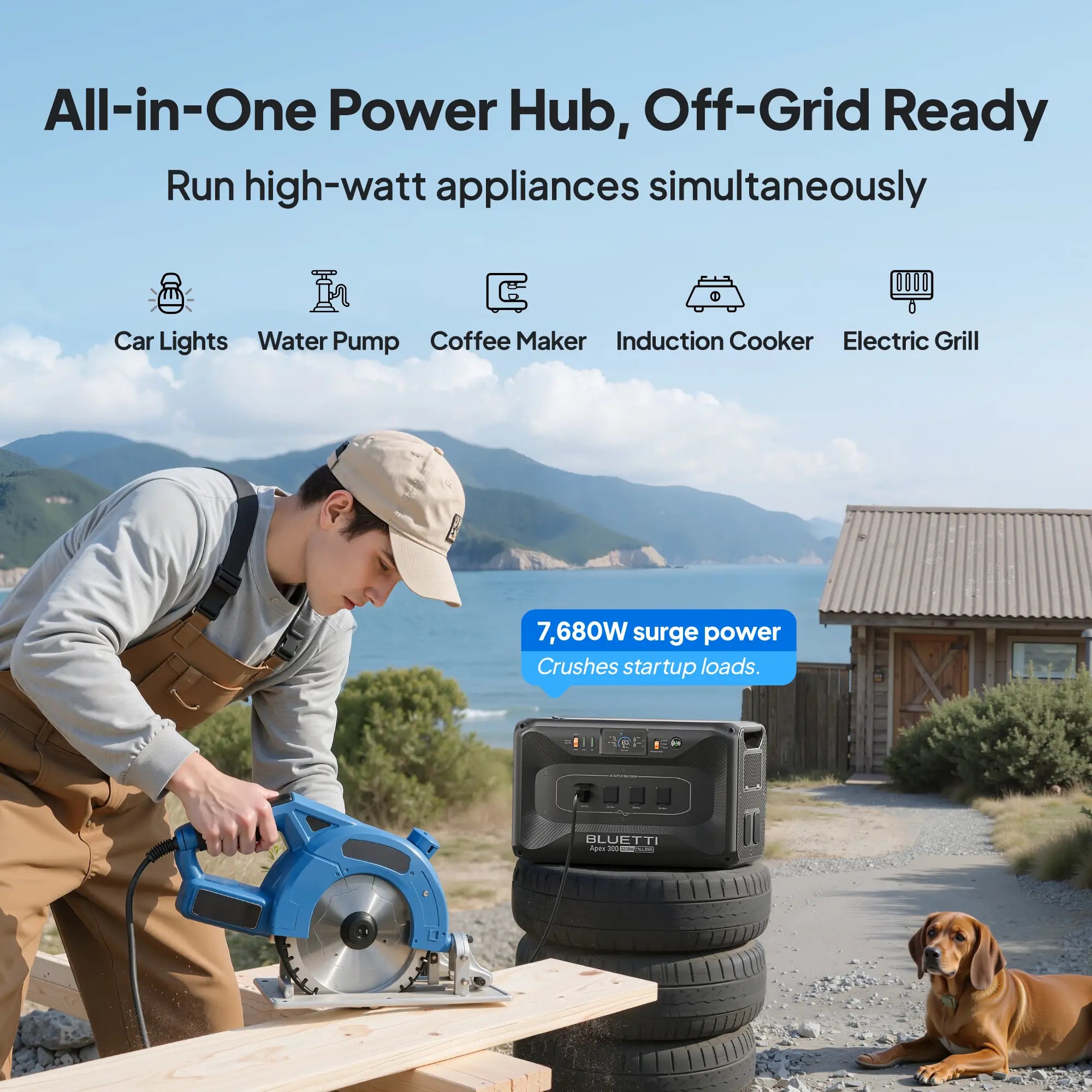 A person uses a circular saw to cut wood outdoors while a Bluetti portable power station sits on stacked tires nearby. A dog lies on the ground. In the background, mountains, water, and houses are visible. Text and icons highlight the Bluetti power station’s features.