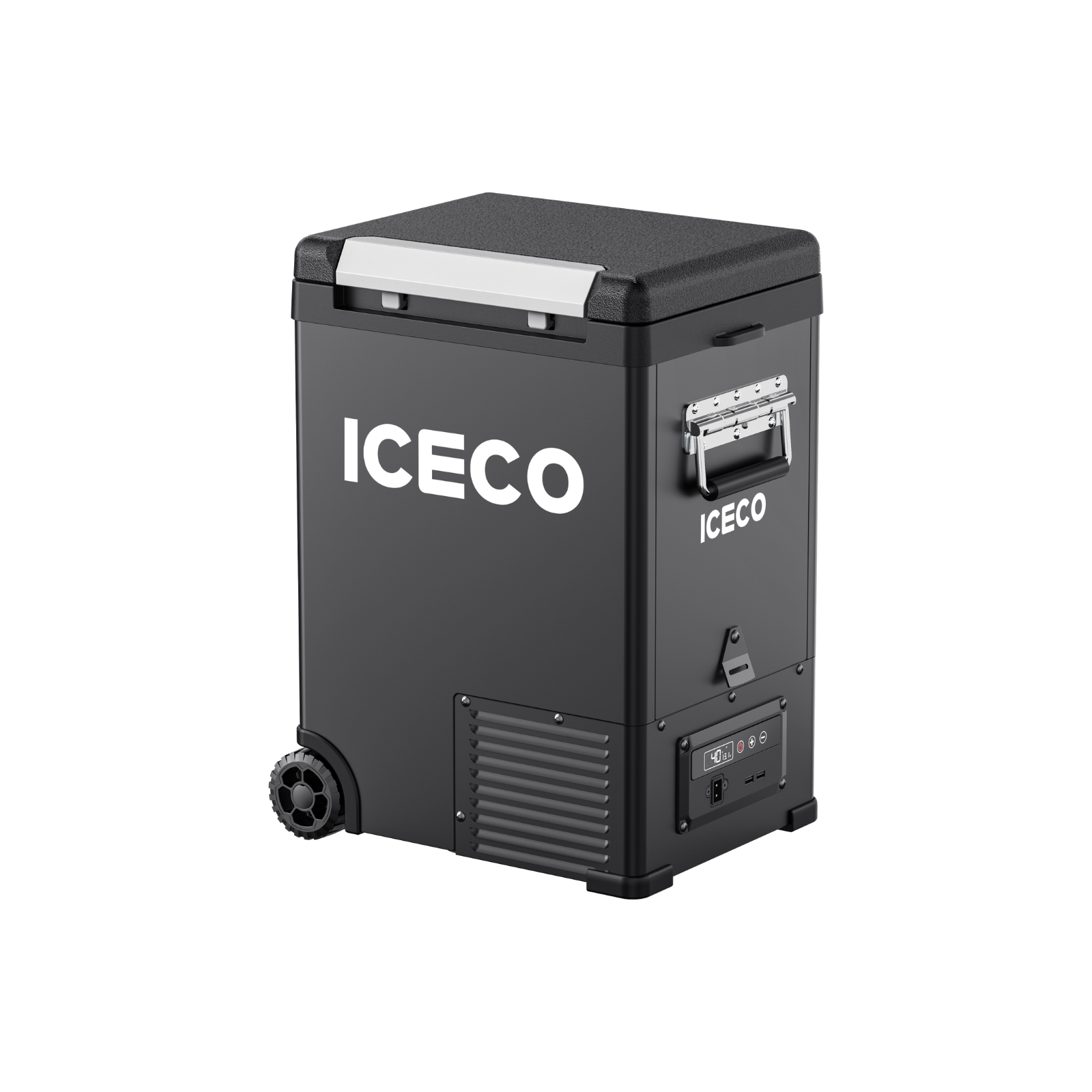A portable black ICECO Wholesale 12 Volt Freezer with a silver handle, wheels on one side, and a control panel at the base. This upright cooler on a white background is ideal for use as a Pickup Truck Freezer.