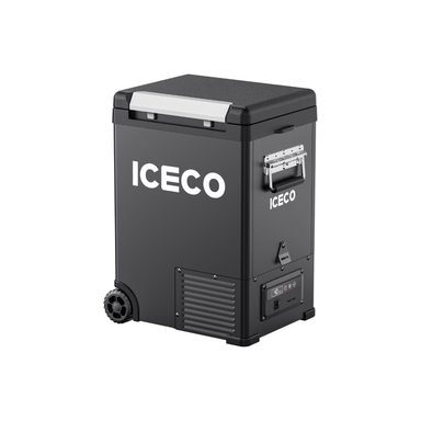 A portable black ICECO Wholesale 12 Volt Freezer with a silver handle, wheels on one side, and a control panel at the base. This upright cooler on a white background is ideal for use as a Pickup Truck Freezer.