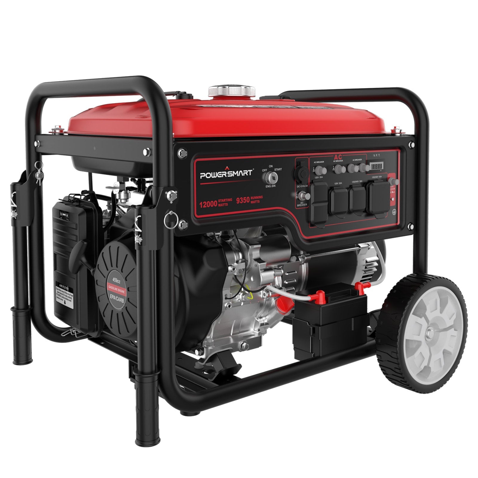 The PowerSmart 12000 watt portable generator features a red and black casing, control panel, wheels for transport, and a metal frame—perfect for home backup power—shown on a white background.