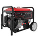 The PowerSmart 12000 watt portable generator features a red and black casing, control panel, wheels for transport, and a metal frame—perfect for home backup power—shown on a white background.