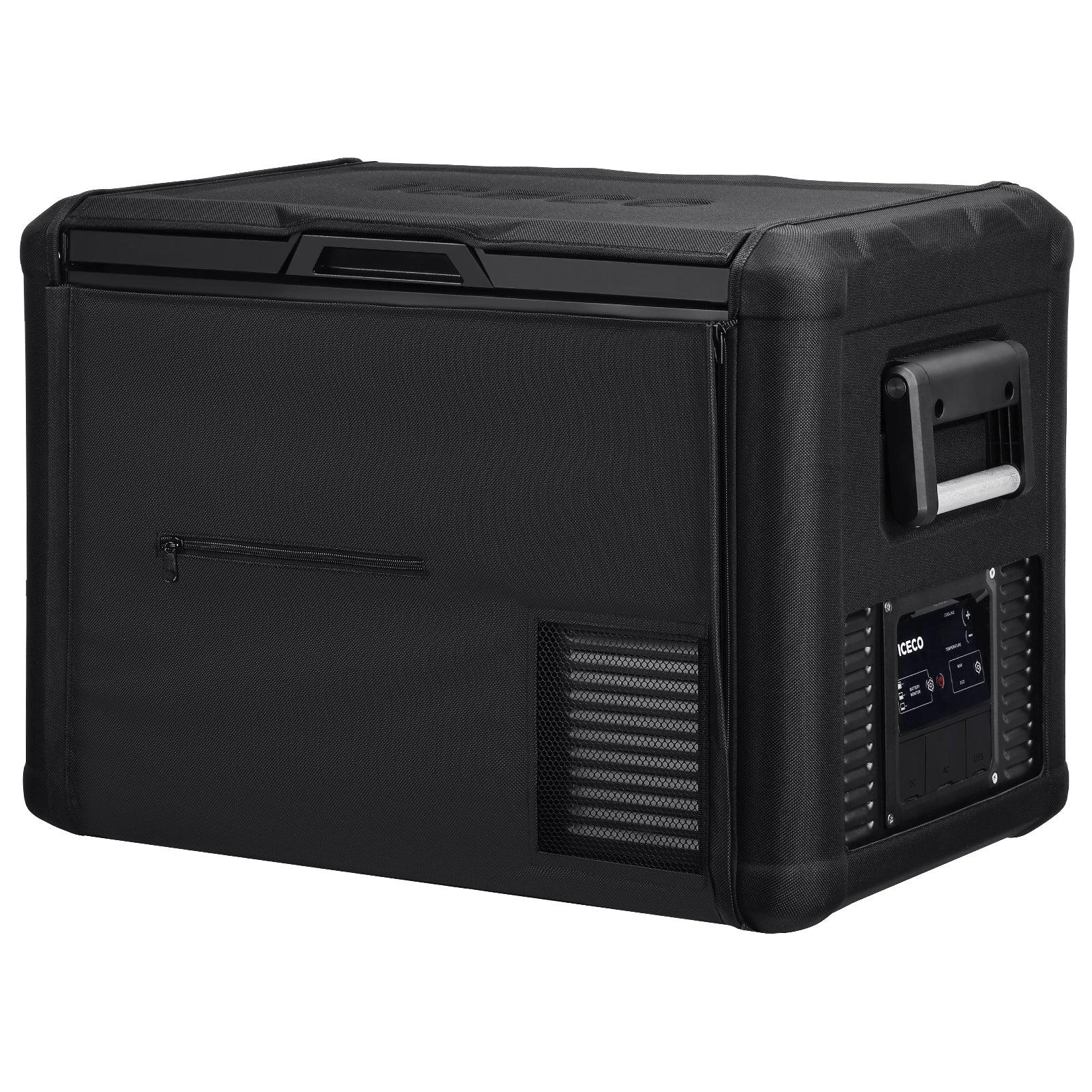 The ICECO Wholesale VL45 Pro is a black, rectangular portable refrigerator equipped with a convenient side handle and control panel. With its rugged design showcasing excellent thermal insulation performance and a small zippered pocket for added convenience, it is perfect for those seeking durability on the move.