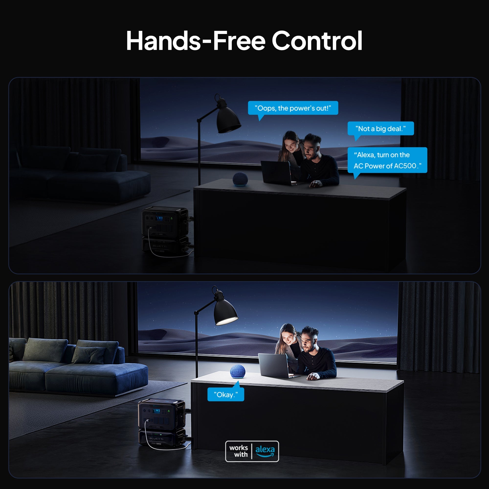 Two people sit at a desk in a dark room. In the top image, the power is out. In the bottom image, the lights turn on after one person uses Alexa to restore power, thanks to a Bluetti portable power station placed beside the desk.