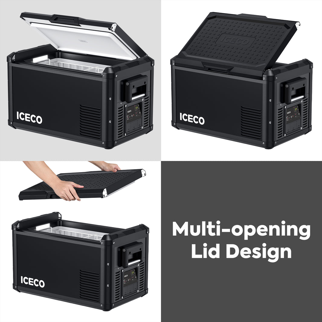 Image depicting a black ICECO Wholesale cooler featuring a durable build and an innovative multi-opening lid design. The cooler is showcased in various positions: open, partially open, and closed. A pair of hands is seen detaching the lid. Text highlights "Multi-opening Lid Design with Secop compressor efficiency.