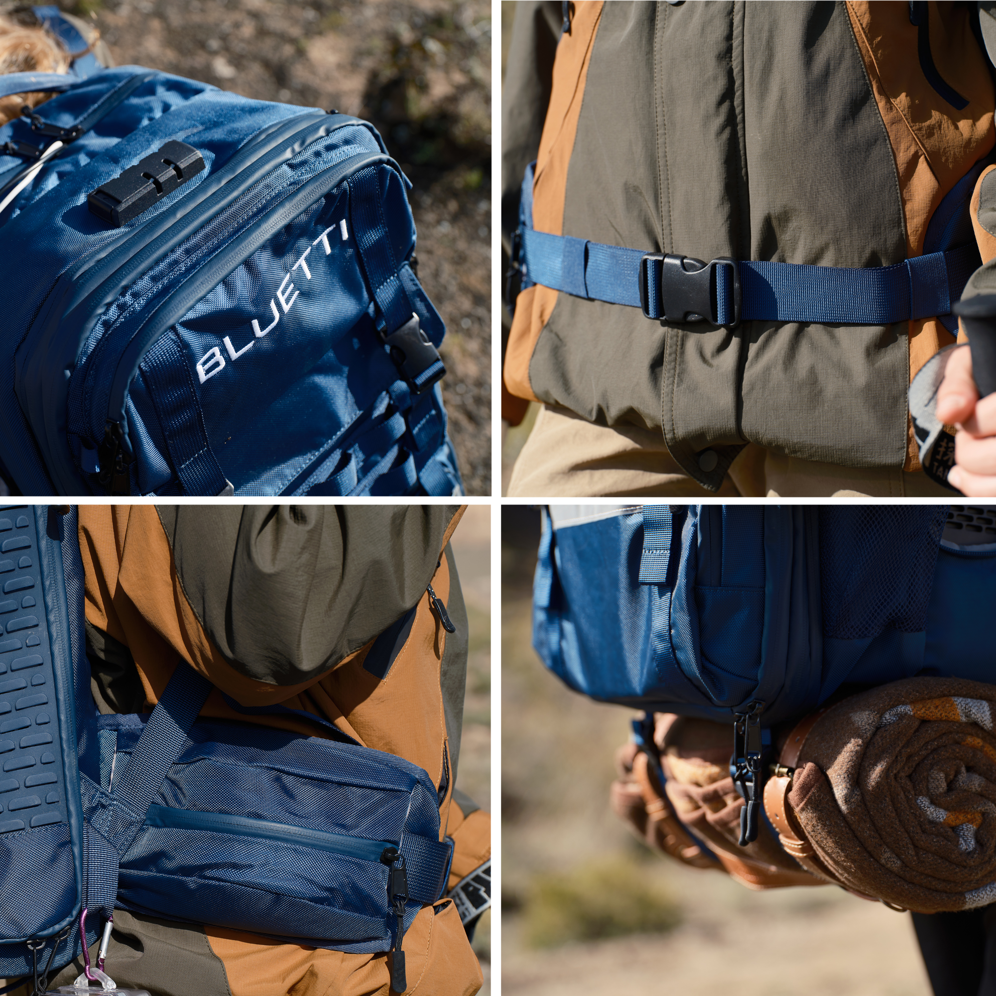 A collage of four photos displays close-up views of outdoor gear, featuring a Bluetti blue backpack, jacket straps, a side angle of the pack, and a rolled-up blanket secured beneath the bag.
