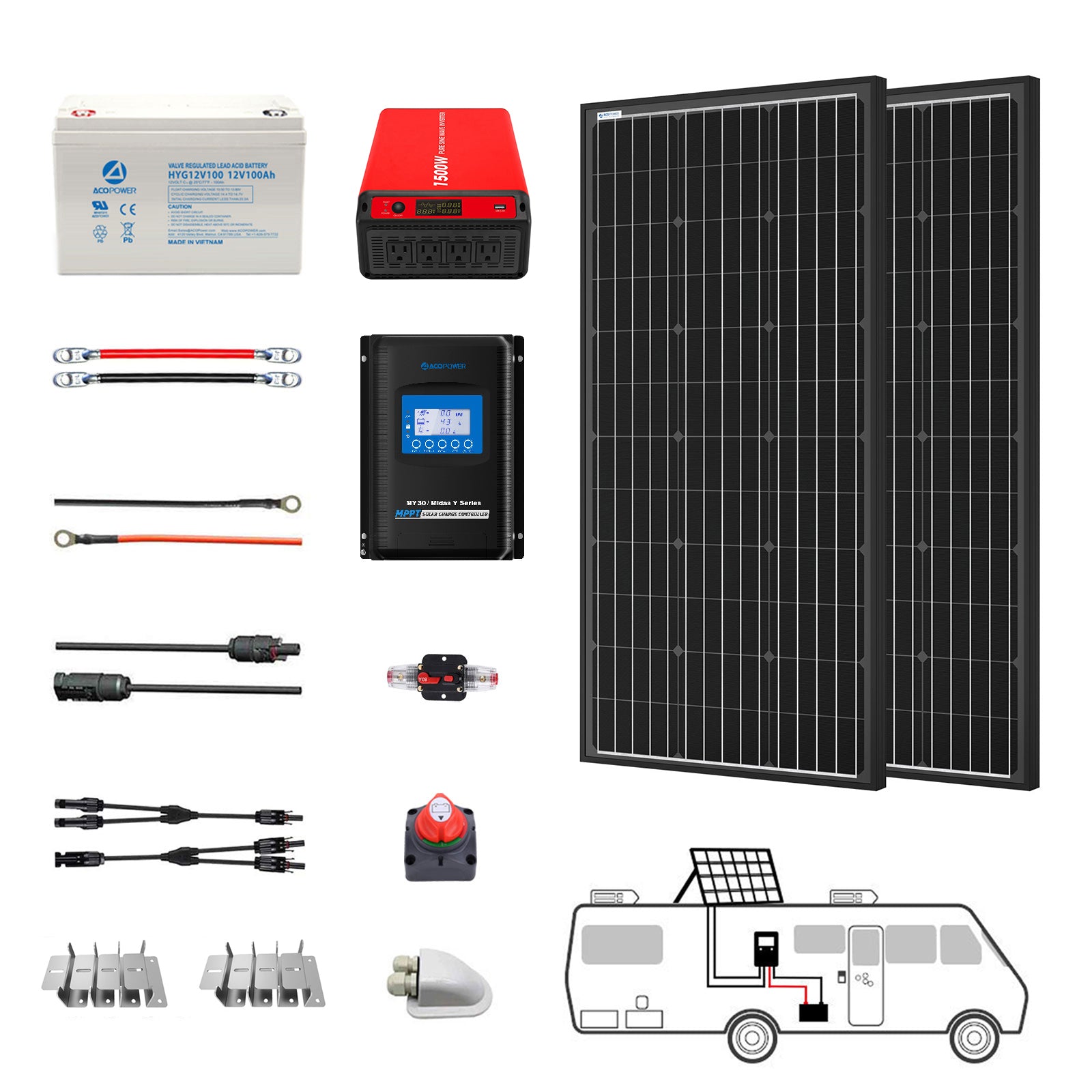 ACOPOWER offers a comprehensive solar power system for your RV, including two solar panels, a deep cycle battery, charge controller, inverter, cables, mounting hardware, and a wiring diagram illustration for effortless installation on your vehicle. Ideal for off-grid adventures!