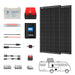 The image displays a comprehensive ACOPOWER solar power system for RVs, which includes two solar panels, a red inverter, a charge controller, cables, connectors, mounting brackets, an off-grid power diagram, and a deep cycle battery for reliable energy storage.