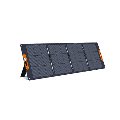 The ALLWEI US portable, foldable monocrystalline solar panel features four black sections, two orange handles, and an angled built-in stand.