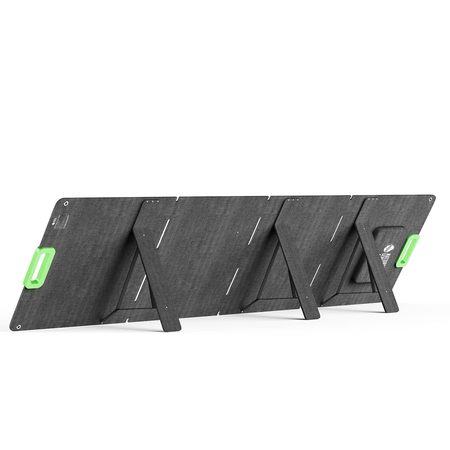 A Nature's Generator foldable black portable solar panel with three rear support legs and two green handles at each end is displayed upright against a white background.