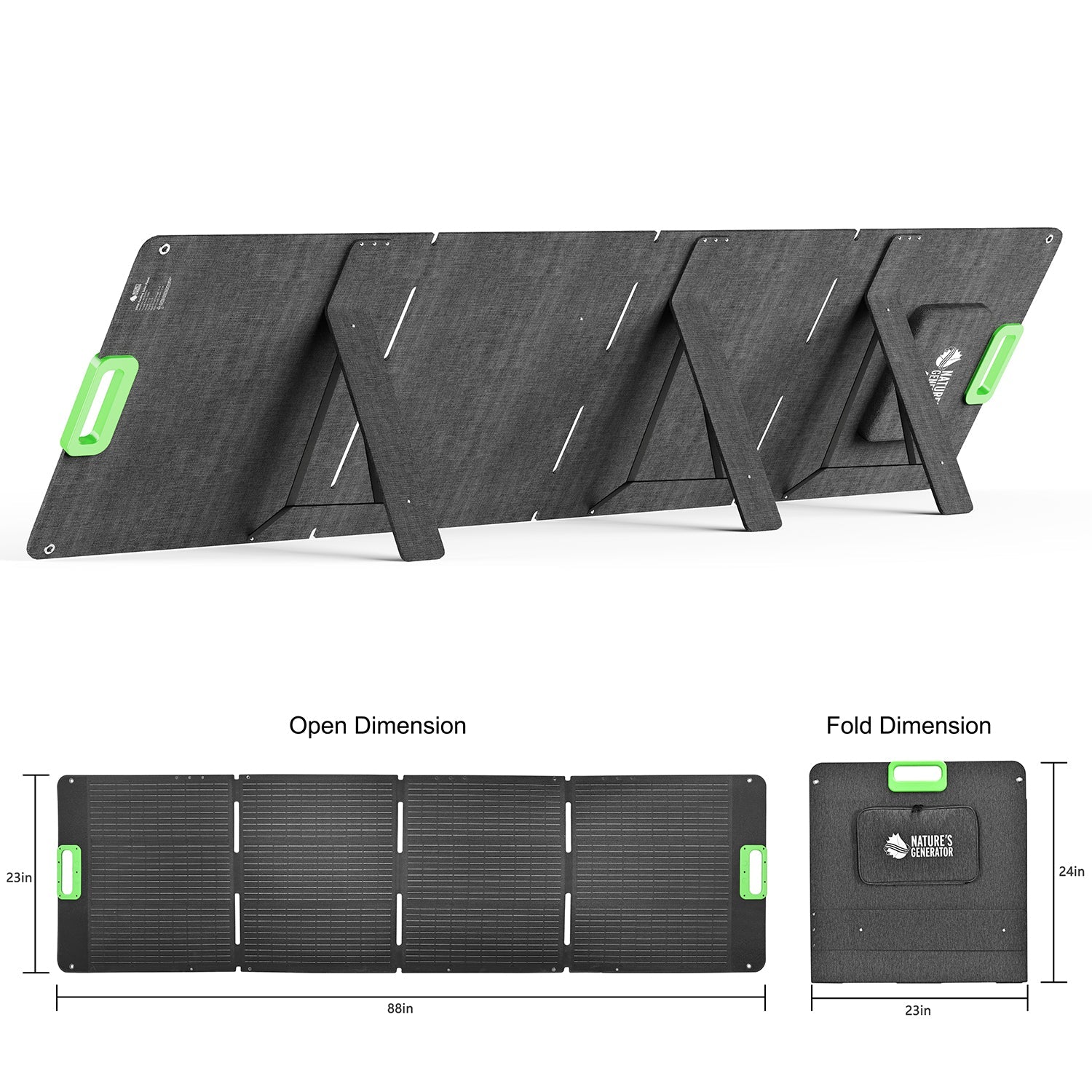 A Nature's Generator foldable solar panel with four black sections, green handles, and support stands—perfect for home solar setups. Dimensions: 68x23 in open, 24x23 in folded. Brand logo displayed when folded.